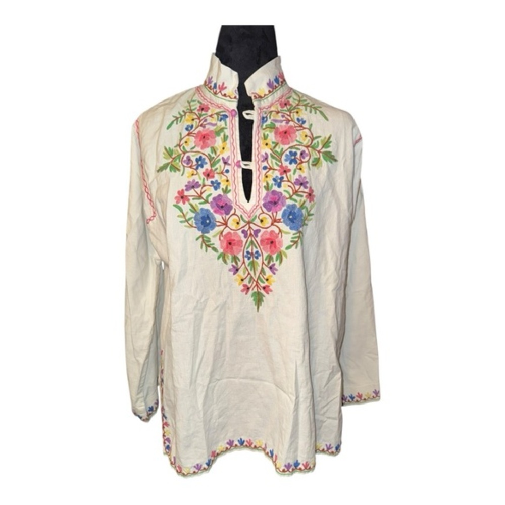 Vtg Embroidered Peasant Blouse Mexican/Hippy/boho Top Smocked Cotton Muslin M/L